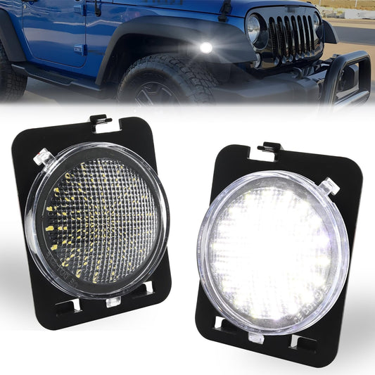 GSOWO Front Fender LED Side Marker Lights for 2007-2019 Je-ep Wrangler JK, Clear Lens Side Bumper Marker Lamps, [Super-Bright] White LED Side Markers Turn Signal Lights, 2 PCS