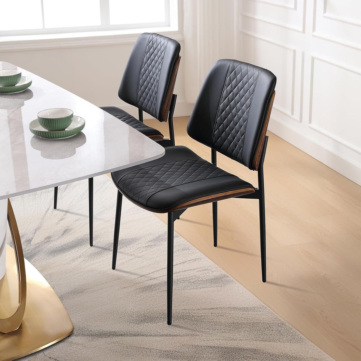 BERYTH Dining Chairs Set of 2, Mid Century Walnut Armless Dining Kitchen Chairs with Metal Legs, PU Leather Bentwood Side Chairs for Dining Room, Kitchen Room, Cafeteria, and Living Room(Black)