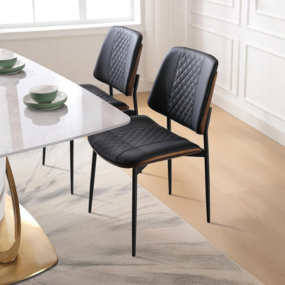 BERYTH Dining Chairs Set of 2, Mid Century Walnut Armless Dining Kitchen Chairs with Metal Legs, PU Leather Bentwood Side Chairs for Dining Room, Kitchen Room, Cafeteria, and Living Room(Black)