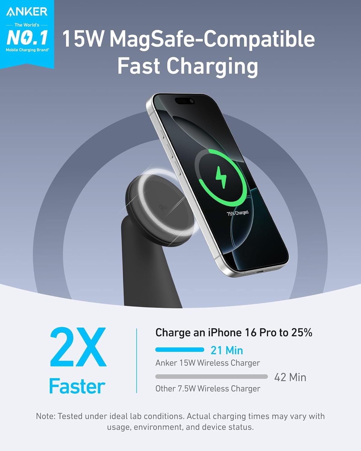 Anker MagSafe Compatible 2-in-1 Charging Stand, iPhone 16 Wireless Charger, Qi2 Certified 15W Ultra-Fast, Adjustable and Super Strong, for iPhone 16/15/14/13/12 Series, AirPods (Charger Not Included)