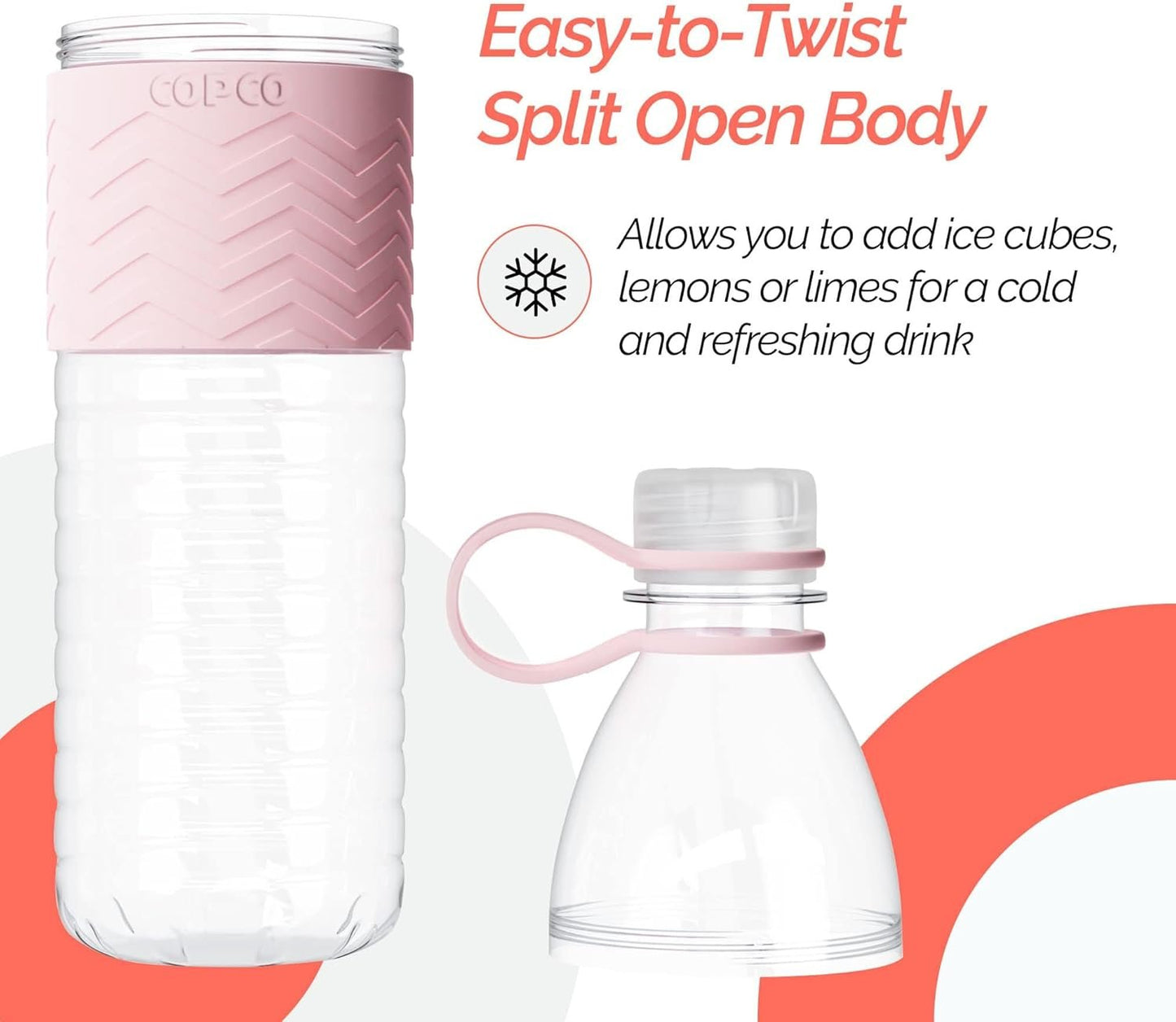 Copco Hydra 20 oz Tritan Water Bottle with Leak-Proof Lid & Textured Grip - BPA-Free, Dishwasher Safe, Easy Twist-Open for Ice & Fruit - Fits Cup Holders, Lightweight, Durable(Pink)