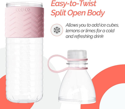 Copco Hydra 20 oz Tritan Water Bottle with Leak-Proof Lid & Textured Grip - BPA-Free, Dishwasher Safe, Easy Twist-Open for Ice & Fruit - Fits Cup Holders, Lightweight, Durable(Pink)