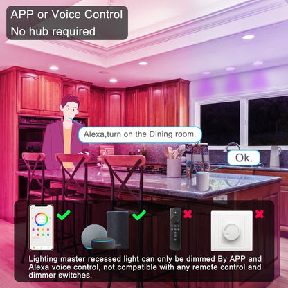 Smart Recessed Lighting 6 Inch RGBCW Color Changing 16W LED Downlight with Junction Box,1350 Lumen Recessed Ceiling Light Compatible with Alexa,Dimmable by Bluetooth Control -6 Pack