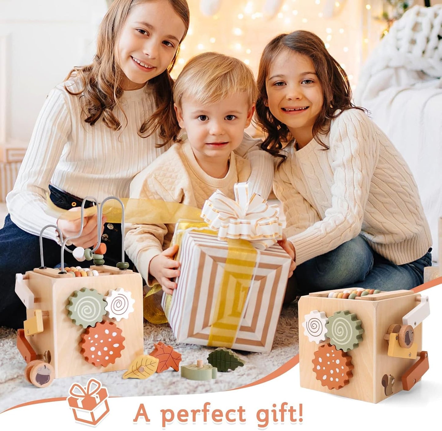 IEATFO 5 in 1 Wooden Activity Cube Play Center Bead Maze Leaves Shape Sorter Learning Montessori Toys for Toddlers 1-3 Early Educational Developmental Learning Toys for Kids