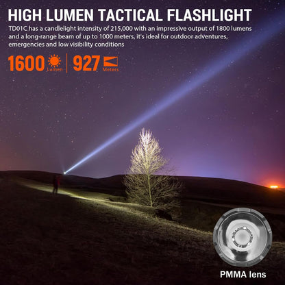 Wurkkos LED Tactical Flashlight Rechargeable - TD01C Tactical Flashlight High Lumens SFT40 LED Super Bright 1800LM with Buck Regulated Driver IP68 1000M Longest Range USB C