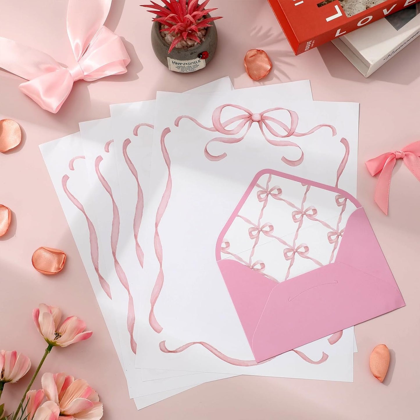 Whaline 60 Pink Bow Stationery Paper Set Cute Bow Knot Letter Writing Paper with Envelopes for Greeting Card Invitation Office Printing, 8.5 x 11 Inch