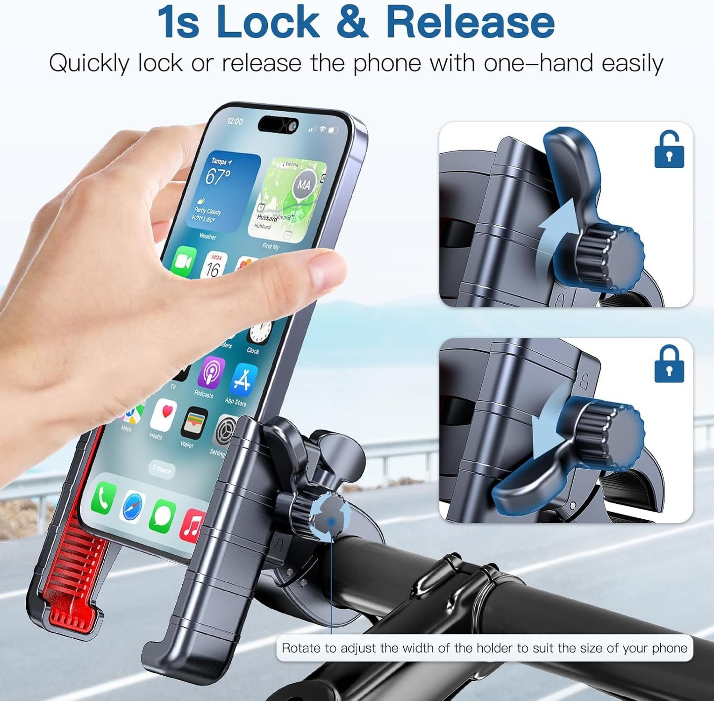 Uniwit Bike Phone Mount Holder-[1s Lock][Camera Friendly] Motorcycle Phone Holder Handlebar Clamp for Stroller Scooter Bicycle, 360°Rotate Phone Mount for iPhone & Other 4.5-7 Inches Smartphone.