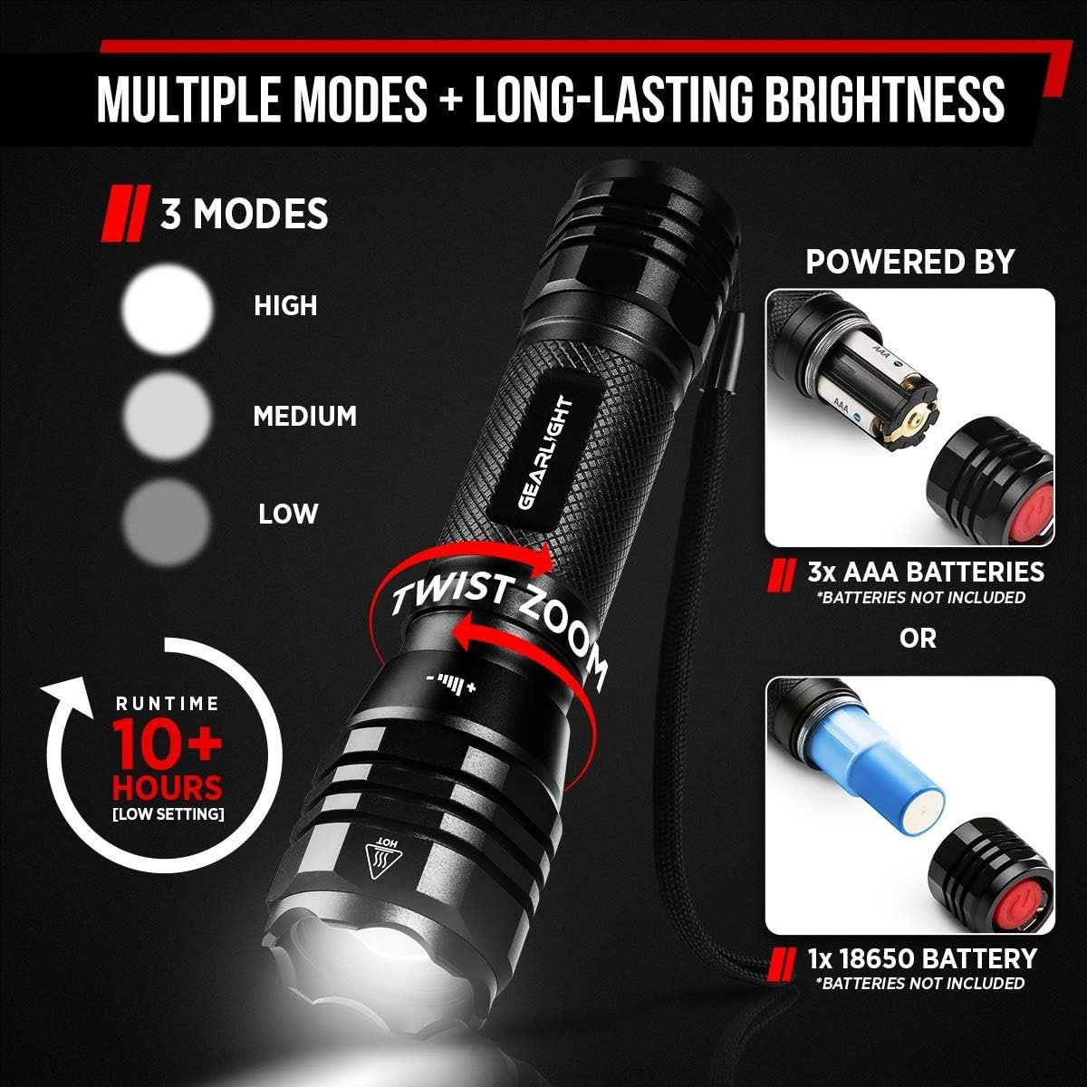 GearLight LED Flashlights S1050 [2 Pack] - Powerful High Lumens Zoomable Tactical Flashlight - Bright Small Flash Light for Camping Accessories, Emergency Gear