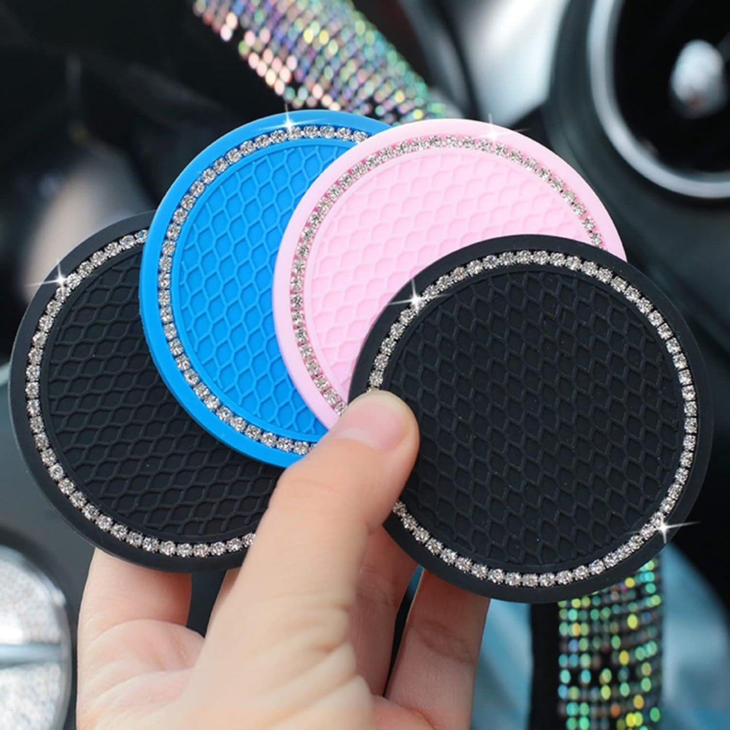 Paifeancodill 2 Pcs Universal Car Bling Cup Holder Insert Coaster Car Interior Accessories, Car Cup Holder Coaster, Silicone Crystal Rhinestone Vehicle Coaster, Auto Cup Holder Insert Coasters(Pink)