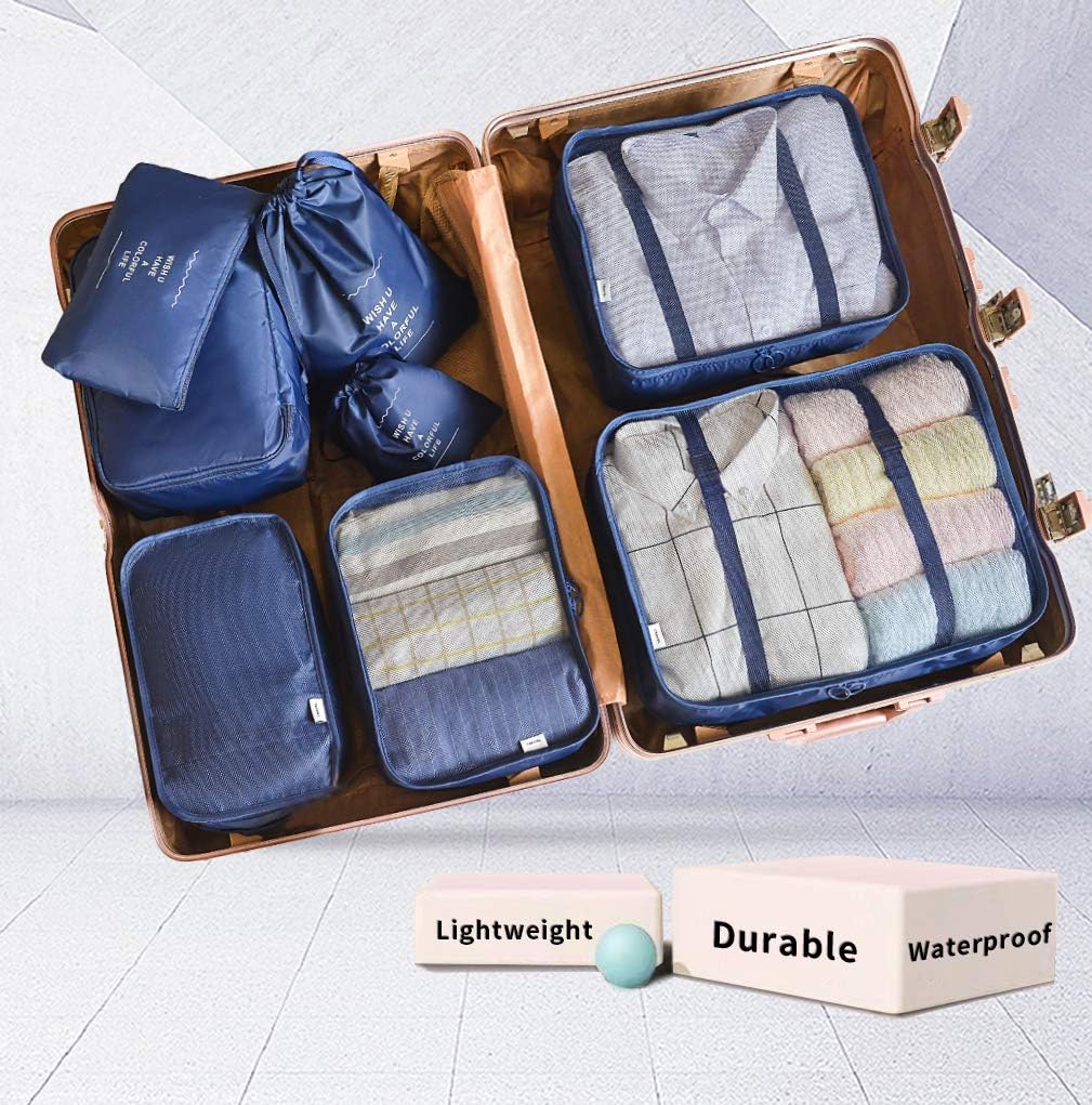 AMAYGA Organizer Suitcase Set of 8, Travel Organizers Cubes Packaging Laundry Bag Compression Bags for Clothes, Cosmetics, Shoes, Underwear (Dark Blue), dark blue