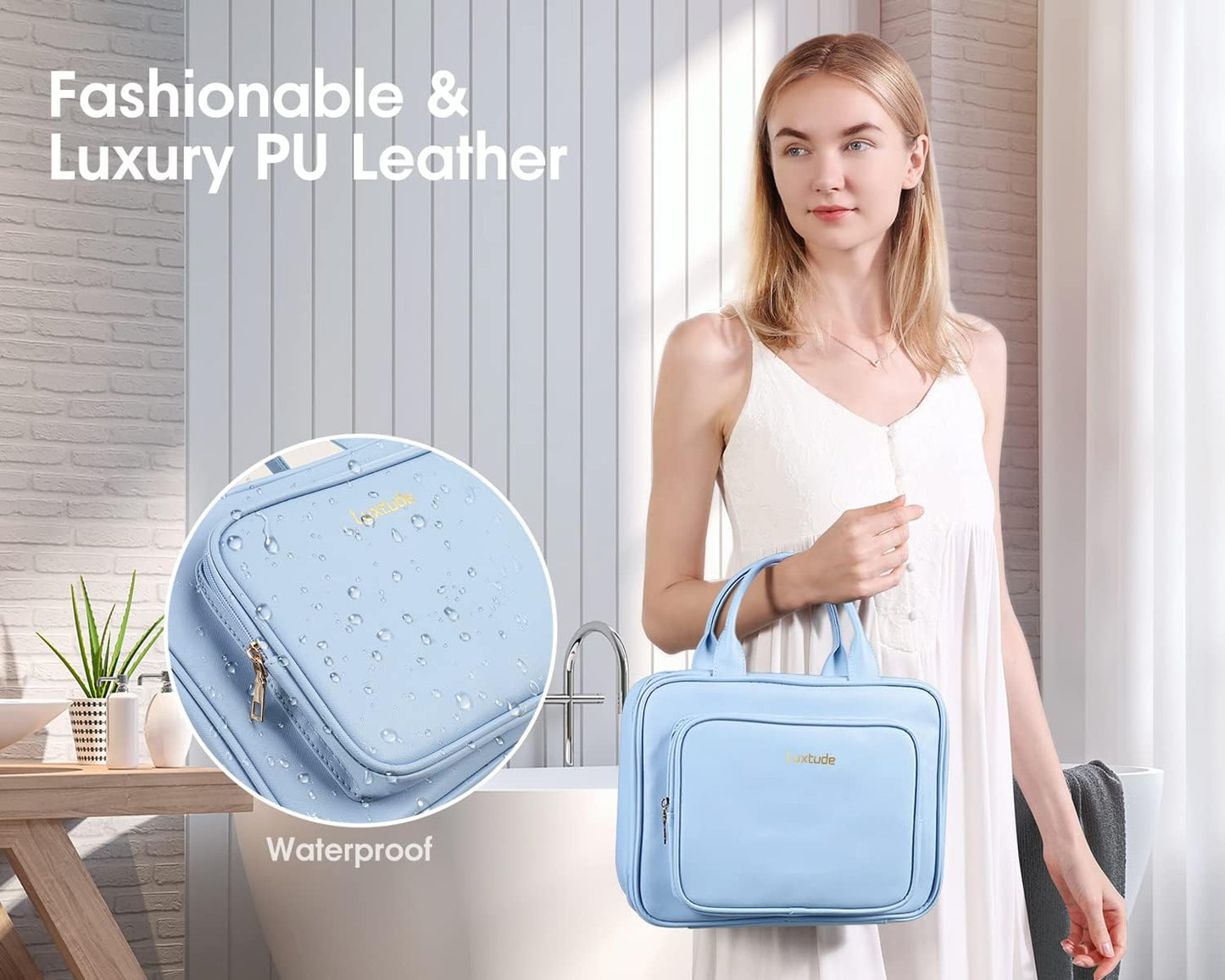 Luxtude Waterproof Leather Toiletry Bag for Women, Hanging Travel Toiletry Bag with 360°Hanging Hook, Large Travel Cosmetic Organizer for Toiletries, Bathroom Shower, Makeup Accessories etc.