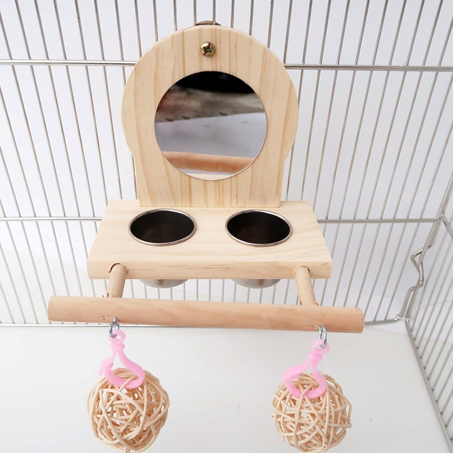 Joyeee Bird Mirror for Cage, 2 Pcs Stainless Steel Bird Feeding & Watering Supplies, Bird Perch and Bird Training Toys Small Rattan Balls for Budgies, Parakeets, Lovebirds and Finch Canaries Cage
