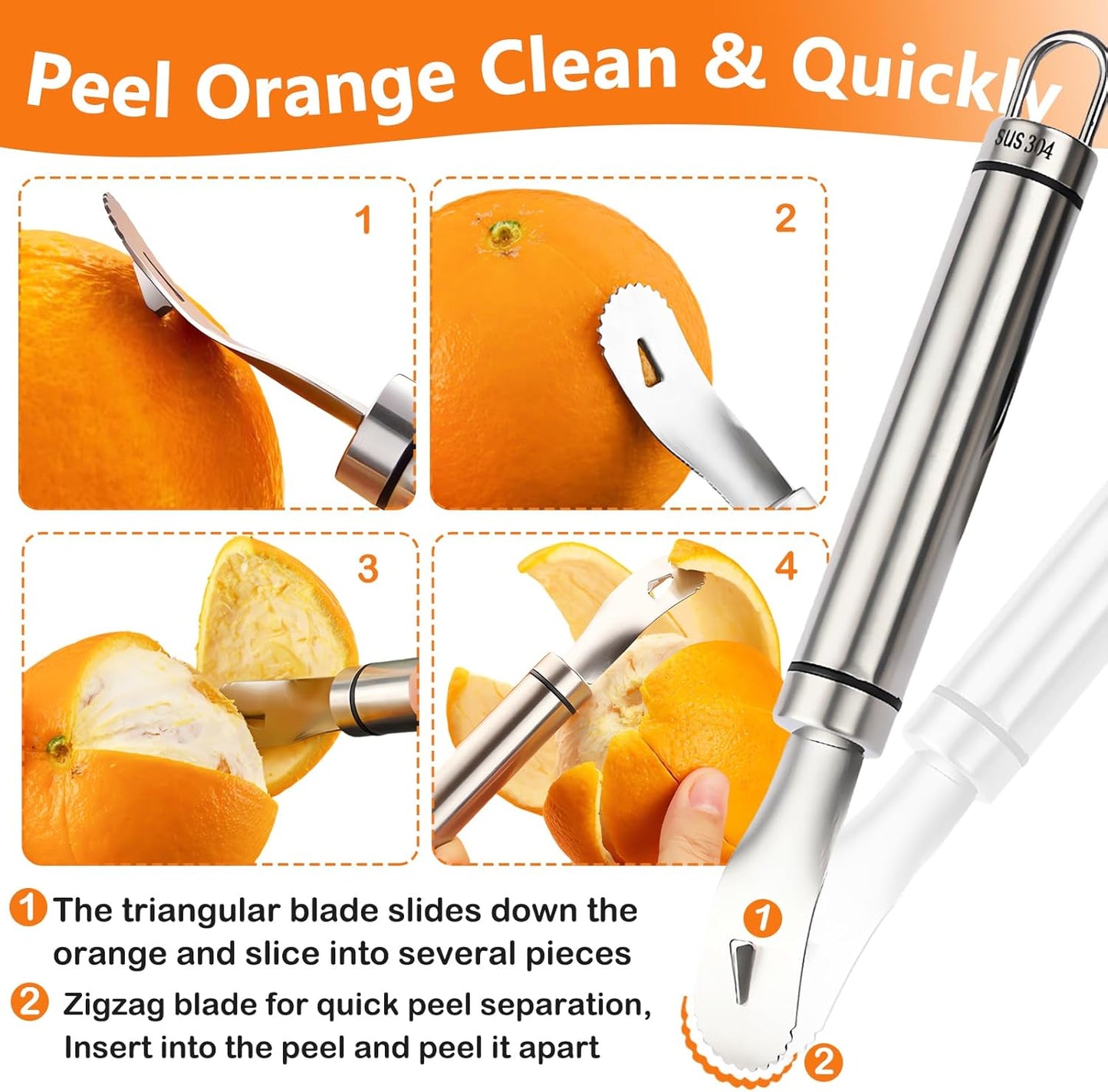 Stainless Steel Orange Peeler | Easy to Peel | Long Handle Orange Citrus Peeler Tool | Triangular-Blade & Zigzag-Shovel Orange Peeler Gadget