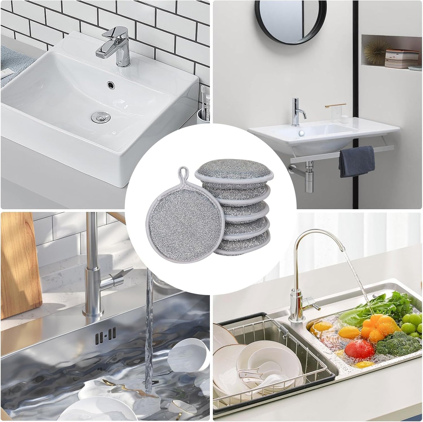 Dish Sponges Kitchen, Steel Wire Reusable Scrub Sponge, 6pcs Multipurpose Cleaning Cloths, Compact Non Scratch Scouring Pads for Tableware, Utensils, Cookware and Sink Cleaning