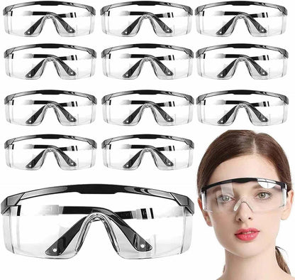 Safety Glasses with Adjustable Strap and Side Shields, 12 Pairs, Clear Lens, Scratch & Fog Resistant, Polycarbonate, Black Frame
