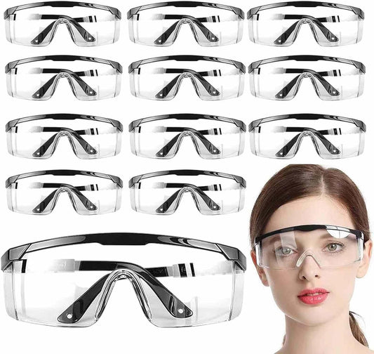 Safety Glasses with Adjustable Strap and Side Shields, 12 Pairs, Clear Lens, Scratch & Fog Resistant, Polycarbonate, Black Frame