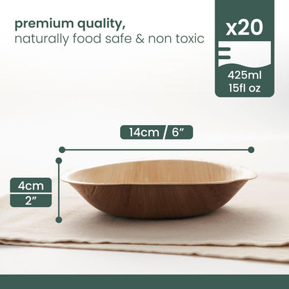 Haago 20 Pack Palm Leaf Bowls 6"/14cm (Round) Natural Disposable Bowls for Party, Wedding, Picnic - Better Than Paper Bowls Disposable Bamboo Bowls Disposable Plastic Bowls. Compostable Bowls