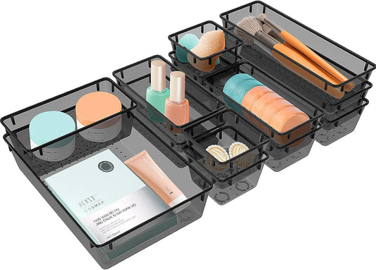 13 PCS Clear Plastic Drawer Organizers Set, 4 Size Desk Drawer Organizer Trays for Makeup, Jewelry, Kitchen Utensils, Gadgets and Office Accessories, Black