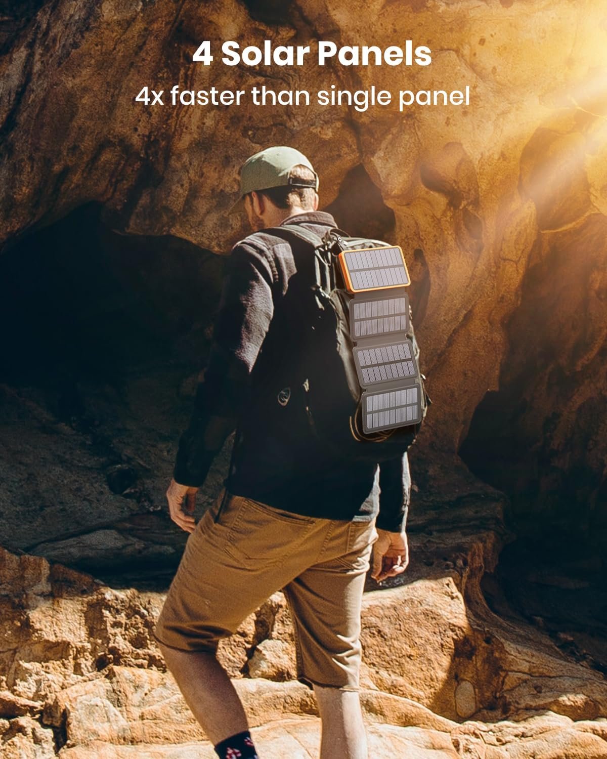 FEELLE Solar Charger Power Bank - 25000mAh Portable Phone Charger 3A Fast Charging External Battery Pack with 4 Solar Panels for Phone Outdoor Camping Orange