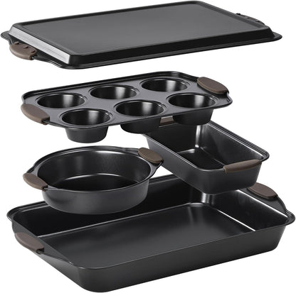 Navaris Non Stick Baking Trays, Set of 5 - Durable & Stackable Oven Baking Tray Kit - Bakeware Tins with Silicone Handles - Pans Ideal for Cake & Muffin Baking - Dishwasher Ready
