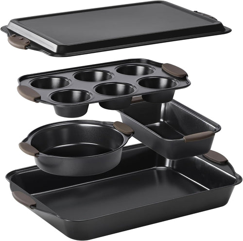 Navaris Non Stick Baking Trays, Set of 5 - Durable & Stackable Oven Baking Tray Kit - Bakeware Tins with Silicone Handles - Pans Ideal for Cake & Muffin Baking - Dishwasher Ready