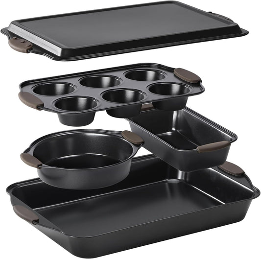Navaris Non Stick Baking Trays, Set of 5 - Durable & Stackable Oven Baking Tray Kit - Bakeware Tins with Silicone Handles - Pans Ideal for Cake & Muffin Baking - Dishwasher Ready