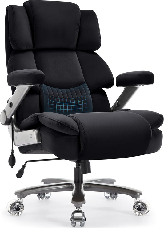 Big and Tall Office Chair 500lbs- Fabric High Back Desk Chair with Adjustable Lumbar Support 3D Flip Arms Plus Size Rubber Wheels- Large Executive Computer Chair, Extra Wide Seat, Ergonomic Design