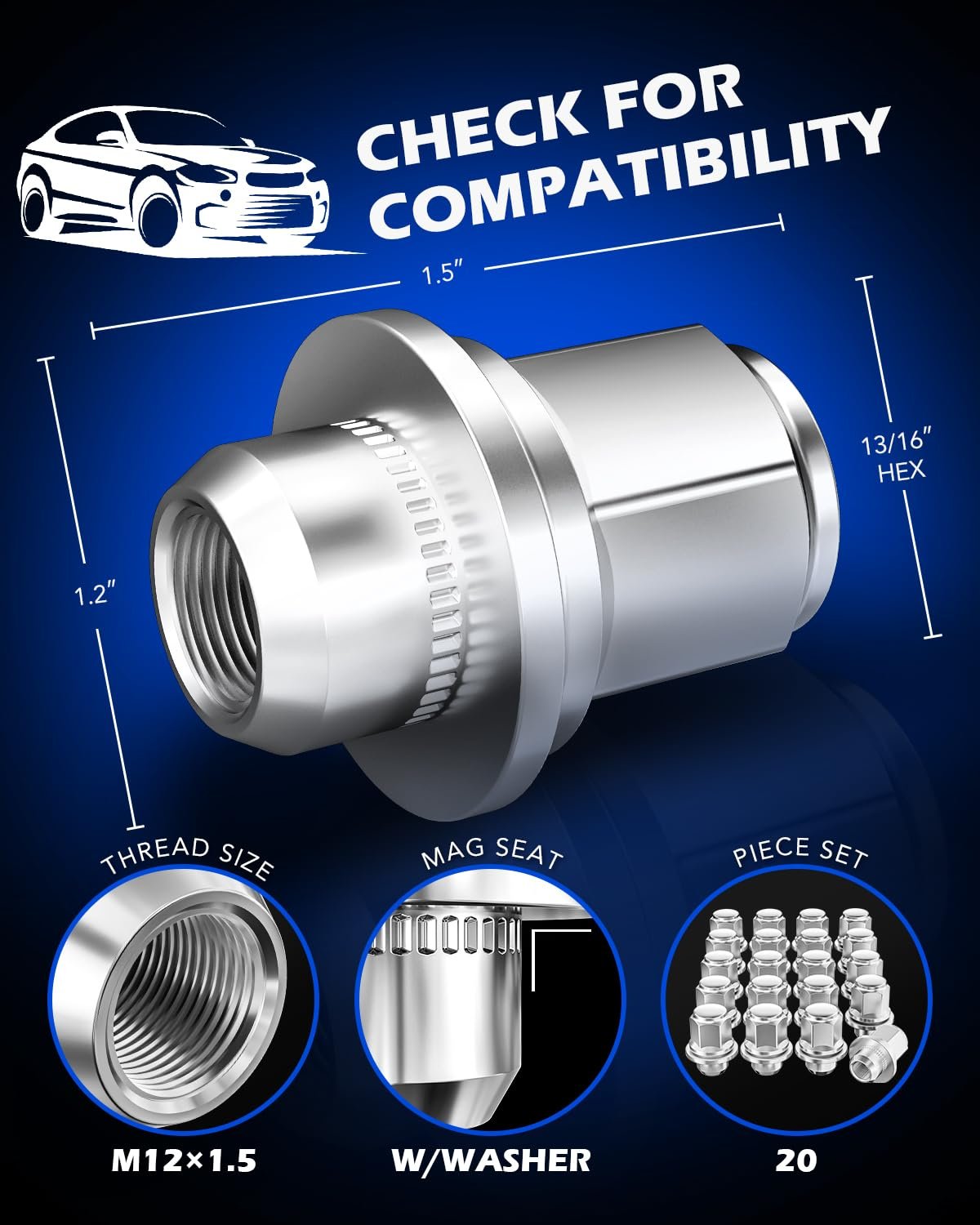 Orion Motor Tech M12x1.5 Lug Nuts, 12x1.5mm Wheel Lug Nuts Compatible with Toyota Avalon Camry Highlander Prius Sienna, Lexus IS300 LFA CT200h HS250h GS450h and More, 20PCS Lug Nut Set with Mag Seat