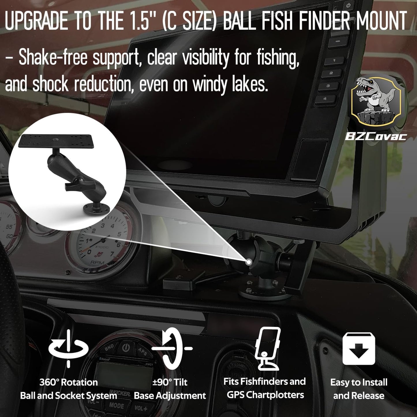 Aluminum Fish Finder Gimbal Mount with 1.5" / C Size Ball for Garmin, Lowrance, Humminbird & More - 360° Rotation & ±90° Tilt Adjustable Marine Electronics Depth Finder Mount