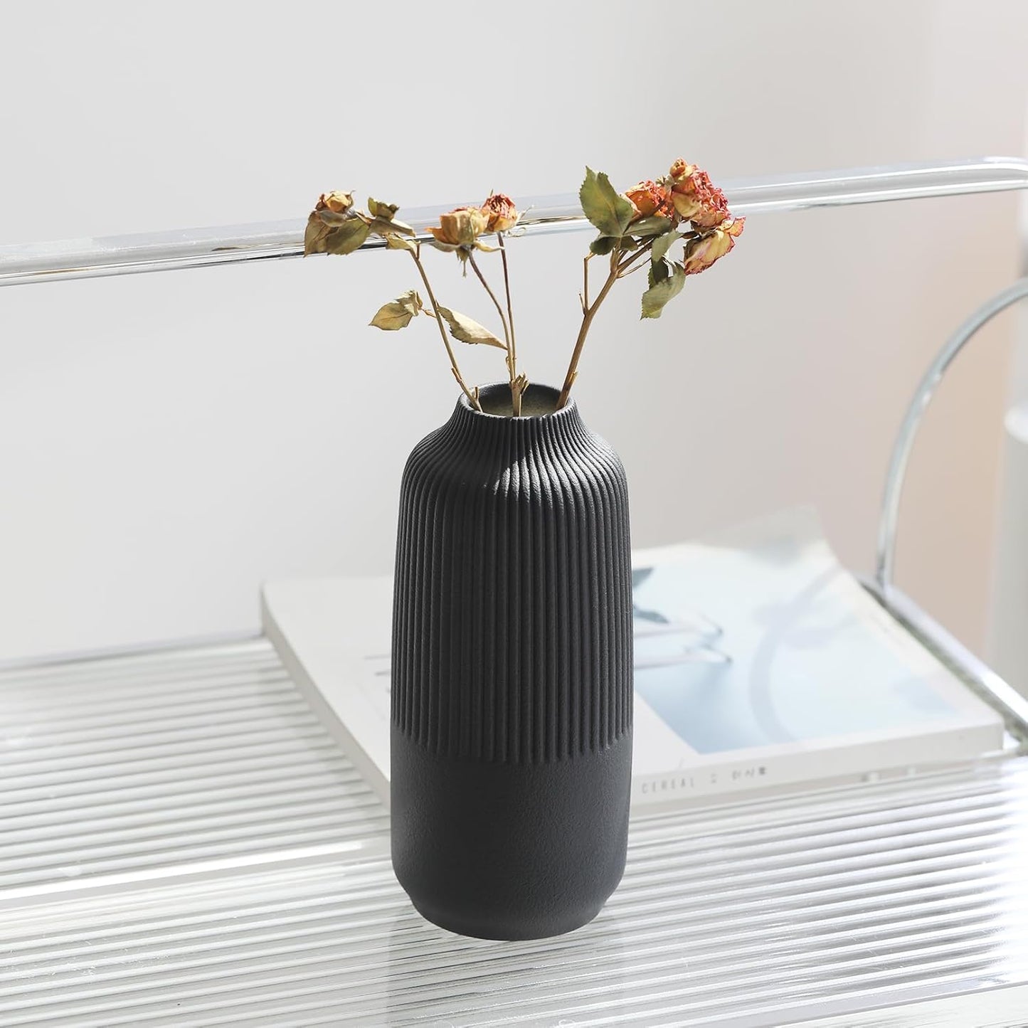 Matte Black Vase Textured Vase Ceramic Minimalist Fluted Vase Decor Modern Ribbed Flower Vases for Home Living Room, Office, Centerpiece and Wedding