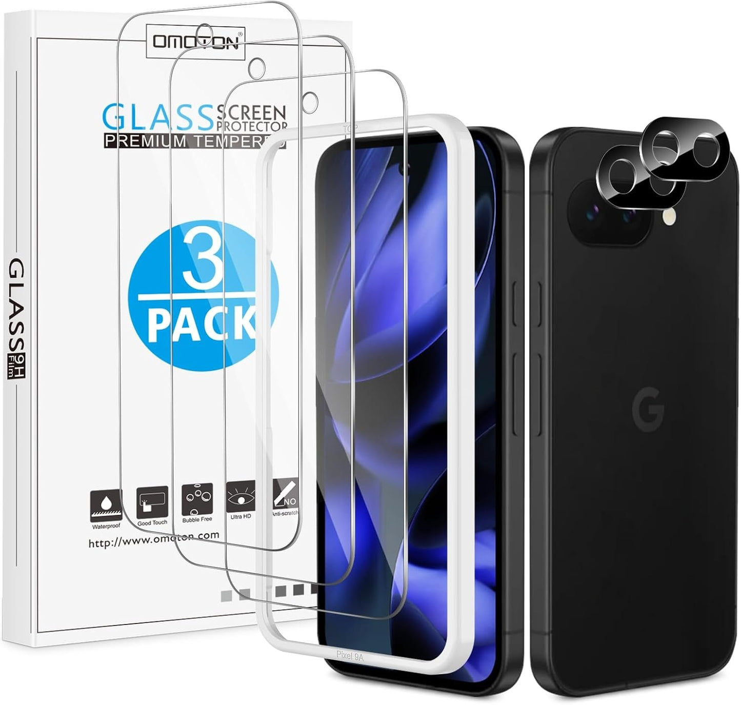 OMOTON 3+2 Pack for Google Pixel 9a Screen Protector, 3 Pack Tempered Glass Screen Protector with 2 Pack Camera Lens Protector for Pixel 9A 2025 Release, Case Friendly/Fingerprint Support