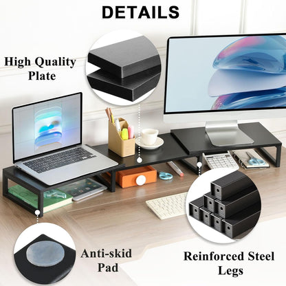 TEAMIX 3 Shelf Monitor Stand Riser with Metal Leg, Dual Monitor Stand Adjustable Stand for TV/Screen/PC/Printer/Laptop Riser with Storage for Home Office