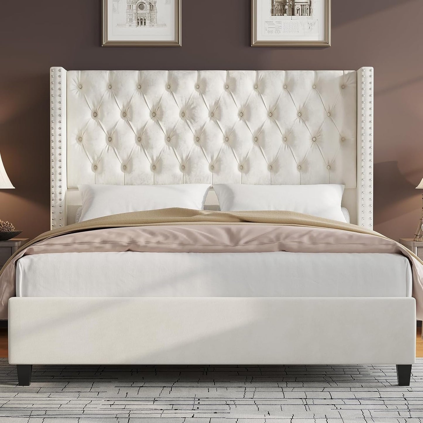 Jocisland Upholstered Bed Frame with Tall Headboard Wingback Platform Bed Tufted Deep Button Velvet/No Box Spring Needed/Easy Assembly (Cream, Queen)