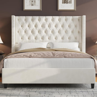 Jocisland Upholstered Bed Frame with Tall Headboard Wingback Platform Bed Tufted Deep Button Velvet/No Box Spring Needed/Easy Assembly (Cream, Queen)