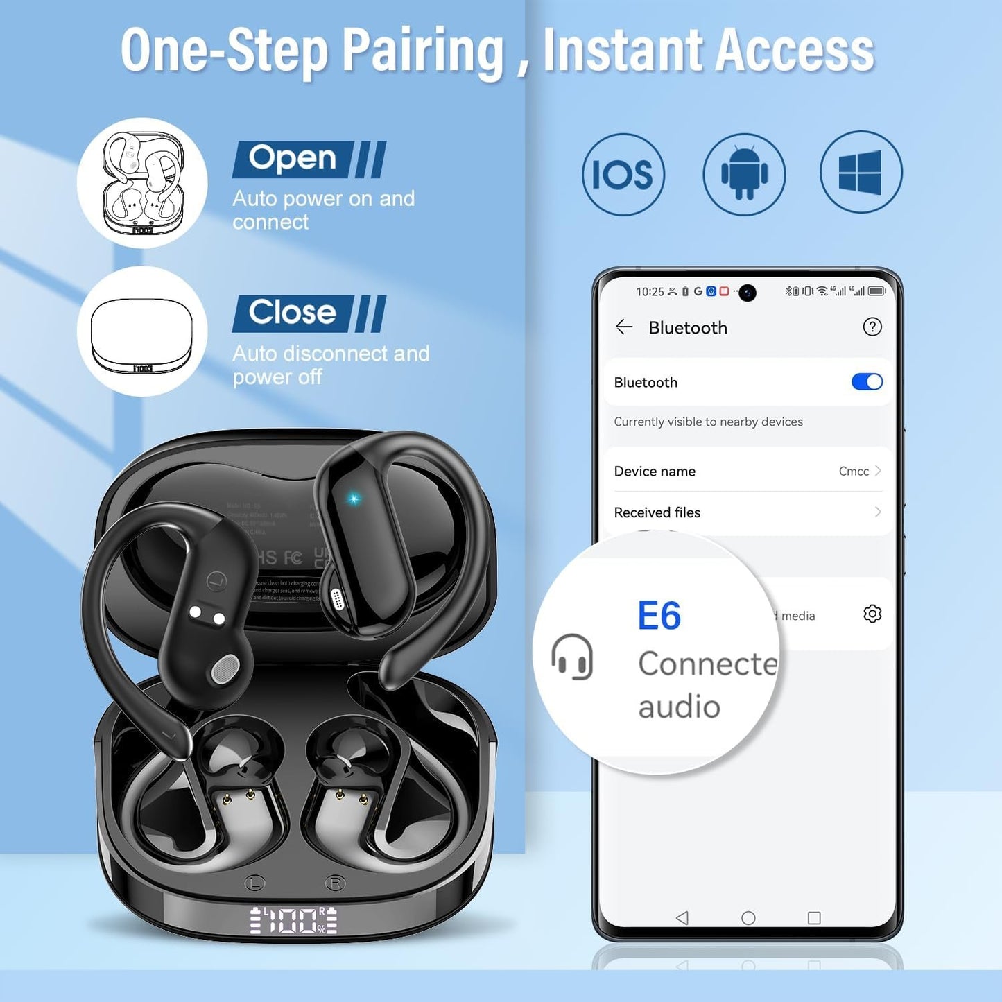 Open Ear Headphones, Bluetooth 5.4 Wireless Earbuds with HD Clear Calls, 32Hrs Immersive Stereo Air Conduction Earphones with Earhooks, LED Display, IPX7 Lightweight Open Ear Buds for Sports/Working