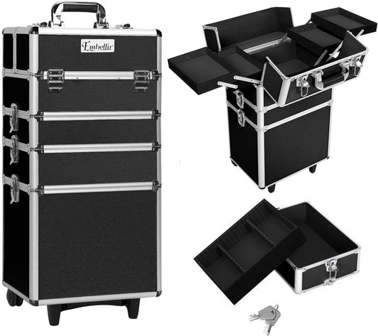 Embellir Makeup Case, Aluminium Lockable Beauty Cases Suitcase Make Up Large Organisers Storage Toiletry Cosmetic Box Travel Indoor Outdoor Accessories, 7 in 1 Separable Portable Black