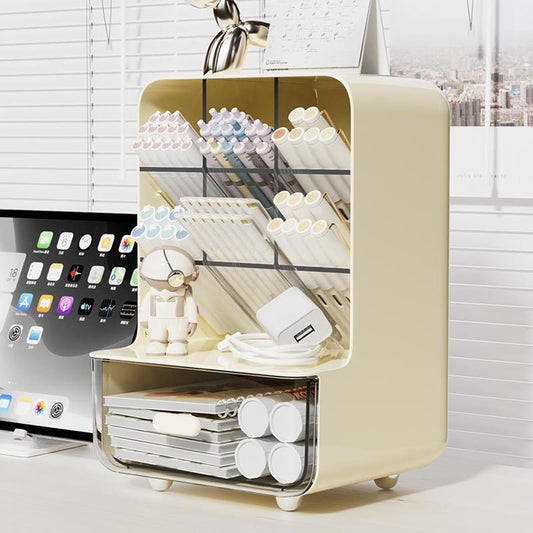 Pen Organizer for Desk, Desk Organizer with Drawer, Multi-Functional Pencil Holder with 6 Compartments and 1 Drawer Organization Storage Accessories for Office Home School Workspace (Yellow)