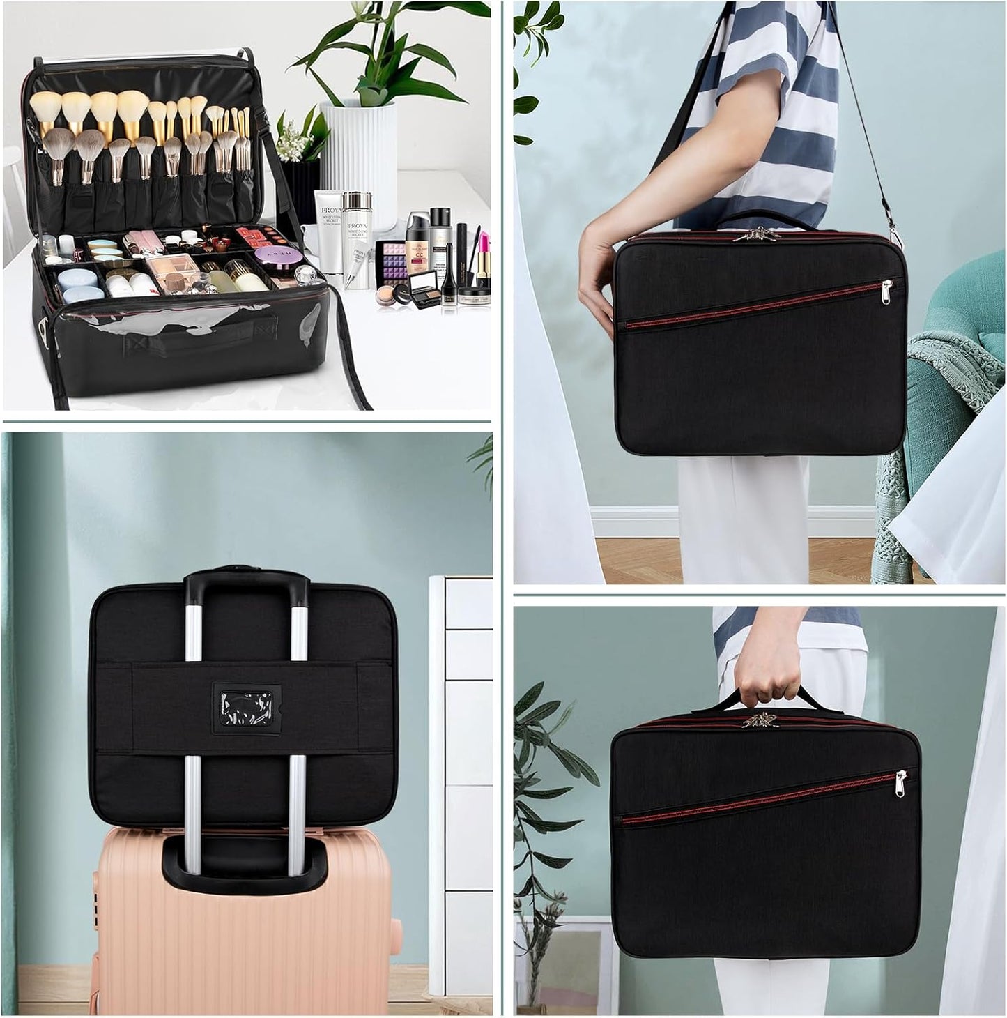 Makeup Train Case Organizer, OCHEAL Makeup Bag Travel Cosmetic Case Portable Artist Storage Bag with Washable Plastic Divider for Lipstick Storage Makeup Brushes Toiletry Accessories Black