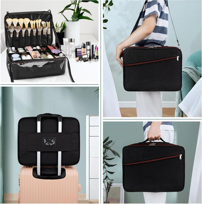 Makeup Train Case Organizer, OCHEAL Makeup Bag Travel Cosmetic Case Portable Artist Storage Bag with Washable Plastic Divider for Lipstick Storage Makeup Brushes Toiletry Accessories Black