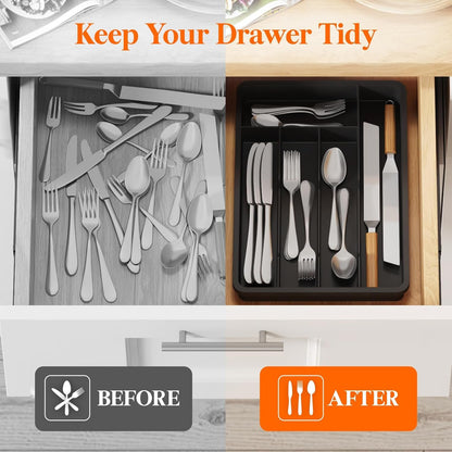 Lifewit Silverware Tray, Deep Wide Cutlery Drawer Organizer Storage for Kitchen, Plastic Flatware Utensil Holder Divider for Spoons Forks Knives Tableware, 5 Compartment, Black