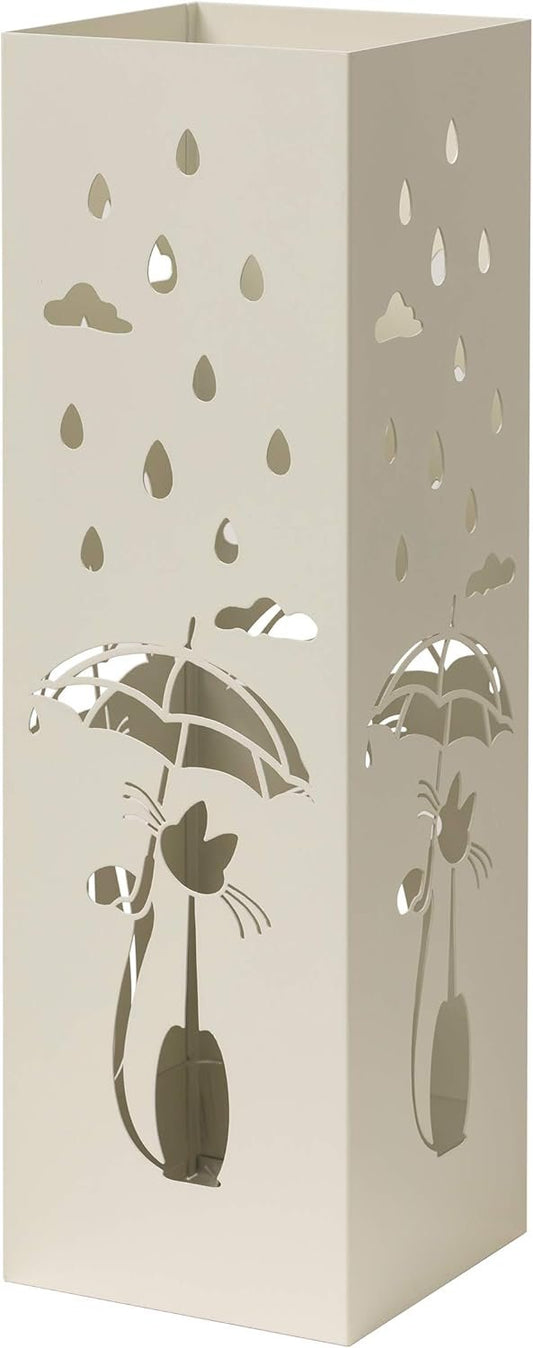 Baroni Home Modern Design Umbrella Stand in White Metal with Cat with 2 Hooks and Removable Rain Tray 15.5 x 15.5 x 49 cm
