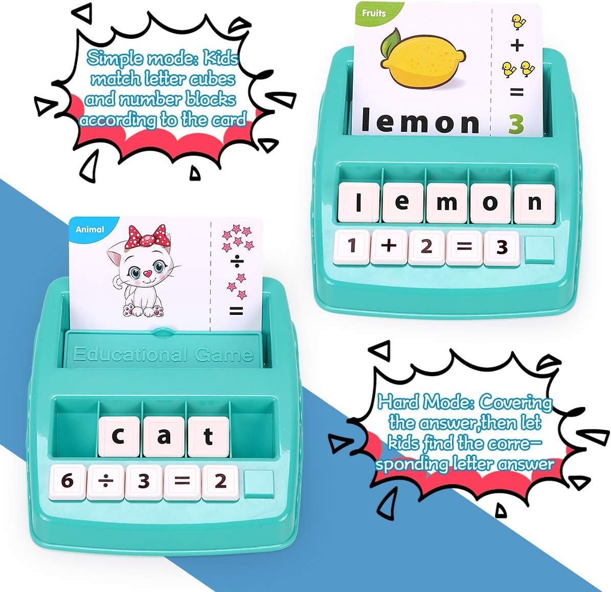 KaeKid Kids Learning Toys for 3 4 5 6 7 8 Year Olds, Matching Letter Spelling Games with 32 Flash Cards, Math Learning Preschool Educational Game, Birthday Boys Girls (Green)