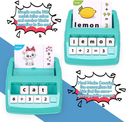 KaeKid Kids Learning Toys for 3 4 5 6 7 8 Year Olds, Matching Letter Spelling Games with 32 Flash Cards, Math Learning Preschool Educational Game, Birthday Boys Girls (Green)