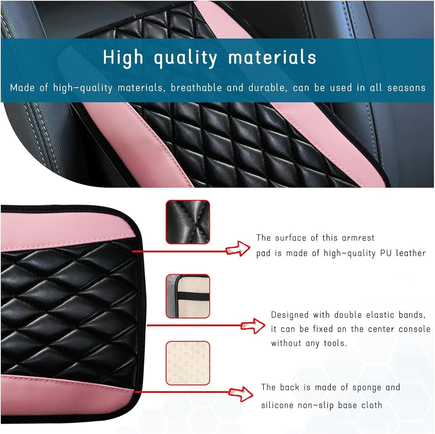 Dickno Car Center Console Cushion Pad, Universal Leather Waterproof Armrest Seat Box Cover, Comfortable Auto Armrest Cover Protector, Car Interior Decor Accessories for Most Vehicles (Pink)