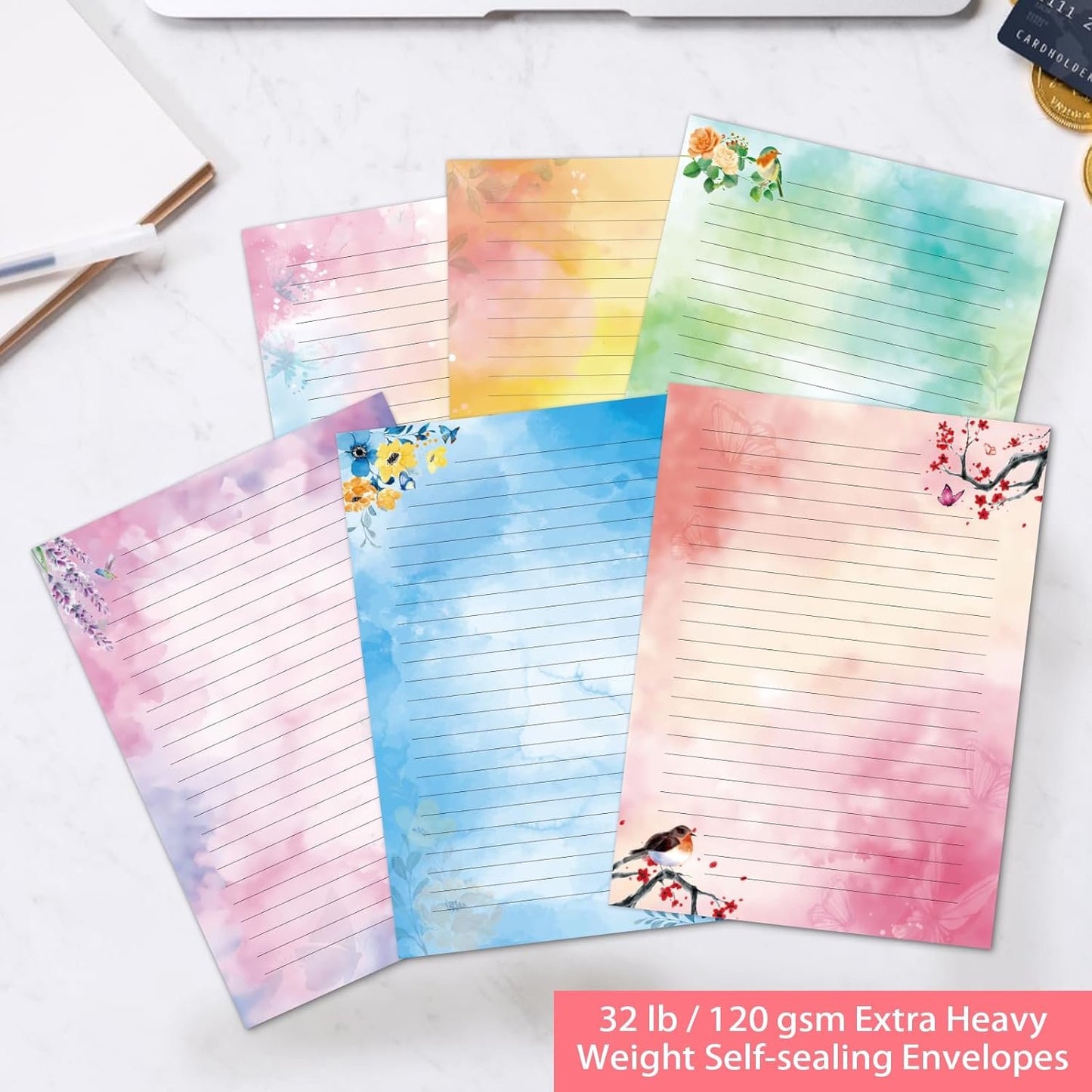 Lined Stationary Paper and Envelopes Set Floral Bird Watercolor Stationary Set with Lined Letter Writing Paper - 48 Sheets + 24 Envelopes, 8 x 11 Inch of Each Stationary Paper