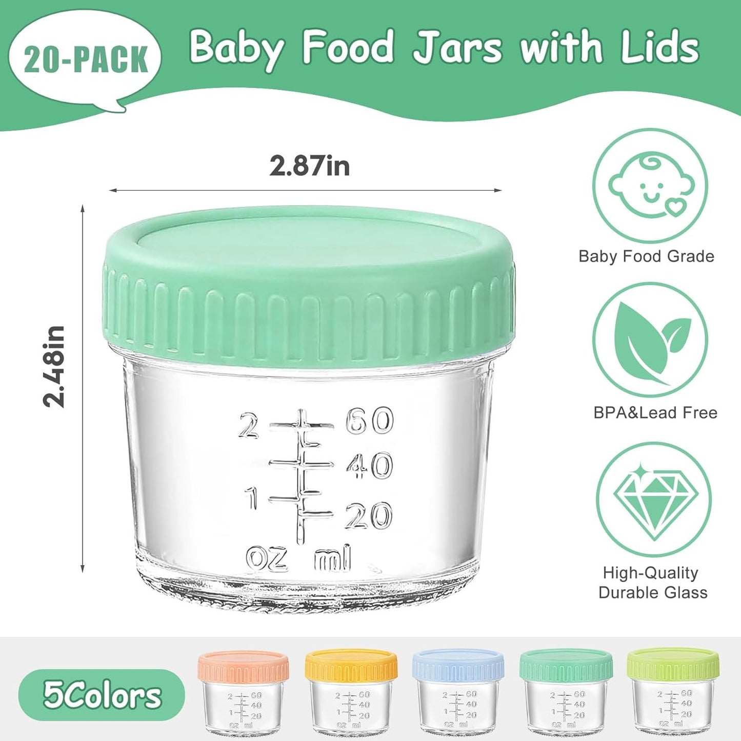 HuanShiJingXuan 20 Pack Glass Baby Food Storage Containers, 4 oz, Safe for Baby Food, Jams, Fruits, Salads, Jellies, Spices, Nuts, Homemade Desserts, Microwave & Dishwasher Safe, BPA Free Reusable