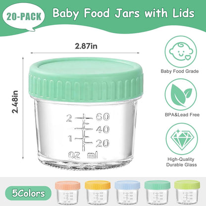 HuanShiJingXuan 20 Pack Glass Baby Food Storage Containers, 4 oz, Safe for Baby Food, Jams, Fruits, Salads, Jellies, Spices, Nuts, Homemade Desserts, Microwave & Dishwasher Safe, BPA Free Reusable