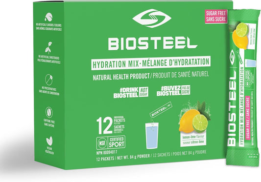 BioSteel Hydration Mix, Proudly Canadian - Great Tasting Hydration with Zero Sugar, and No Artificial Flavours or Preservatives, Lemon Lime Flavour, 12 Single Serving Packets