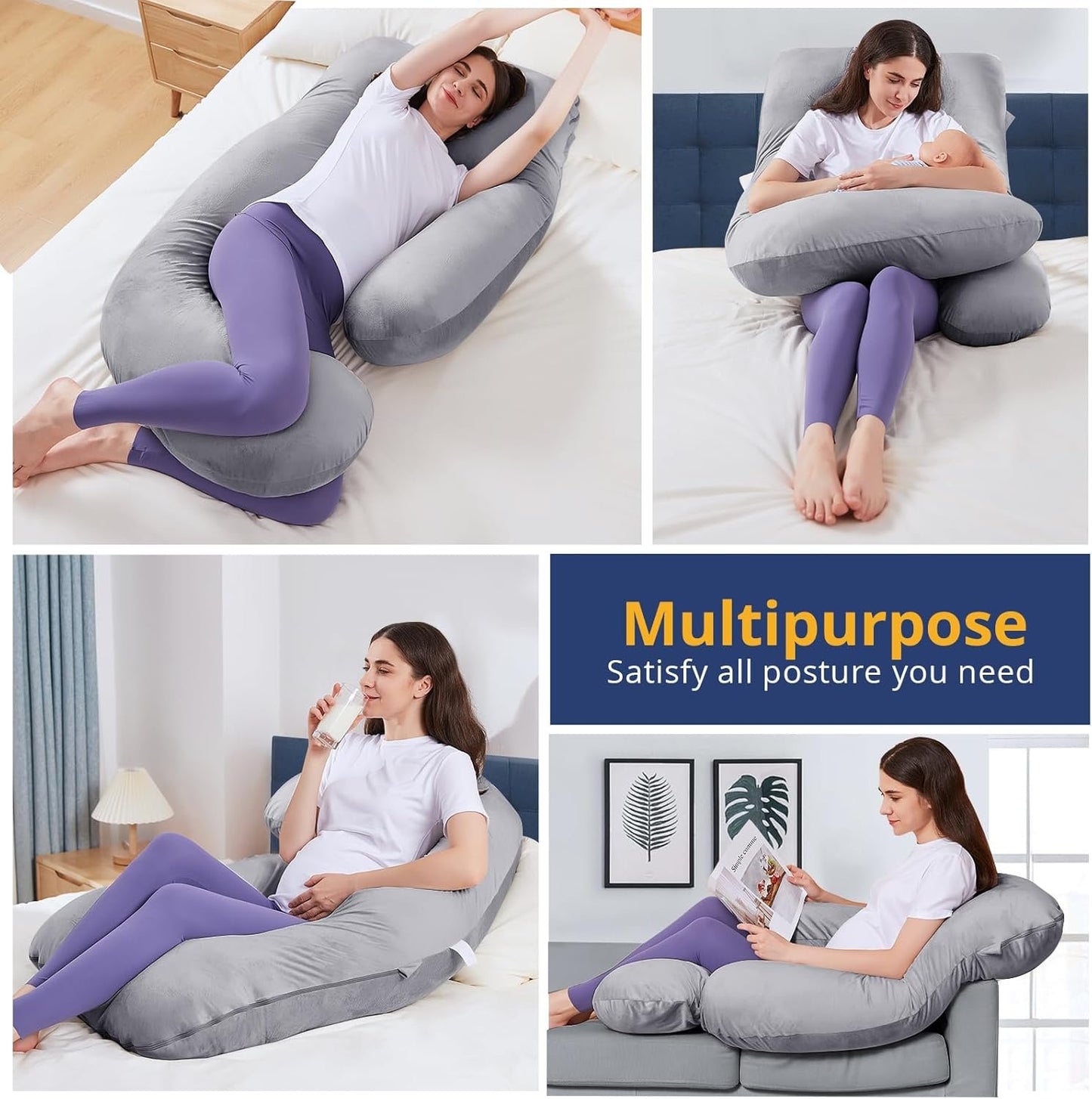 SASTTIE Pregnancy Pillow for Sleeping, U Shaped Body Pillow Side Sleeper Pregnancy Must Haves, Maternity Pillow for Pregnant Women, 57'' Full Pregnant Pillow with Removable Velvet Cover, Grey