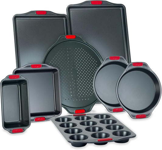 Lagostina Carbon Steel Non Stick Bakeware 8-Piece Set: 2X Cookie Sheets, 2X Cake Pans, Square Cake Pan, Loaf pan, Muffin Pan 12 Cup, Pizza Pan, Black, L404400408